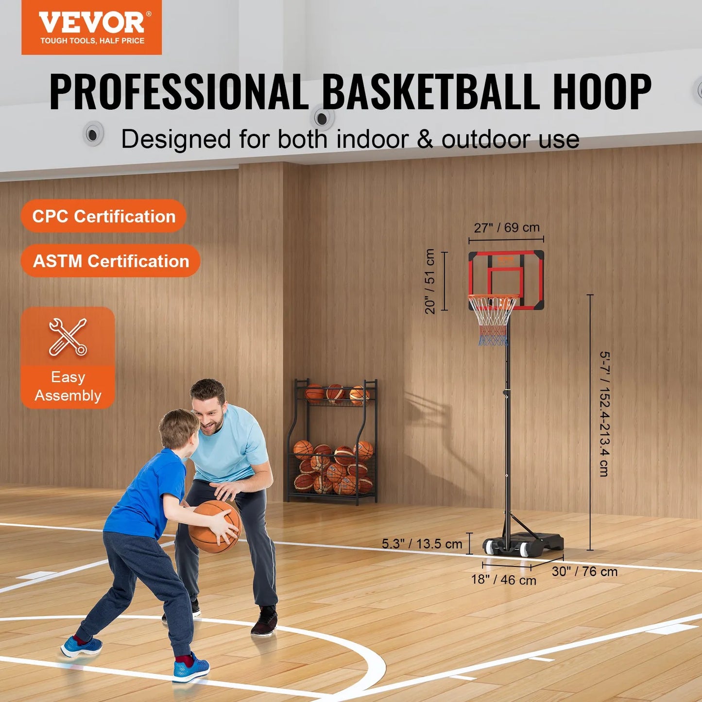 VEVOR Adjustable Basketball Hoop – 5–7 ft Portable System w/ 28" Backboard, Wheels & Fillable Base