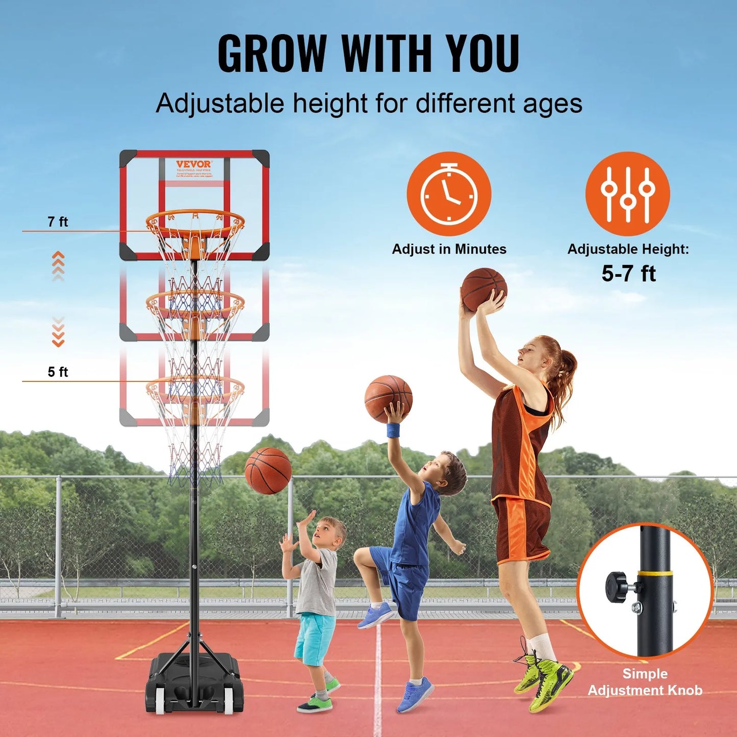 VEVOR Adjustable Basketball Hoop – 5–7 ft Portable System w/ 28" Backboard, Wheels & Fillable Base
