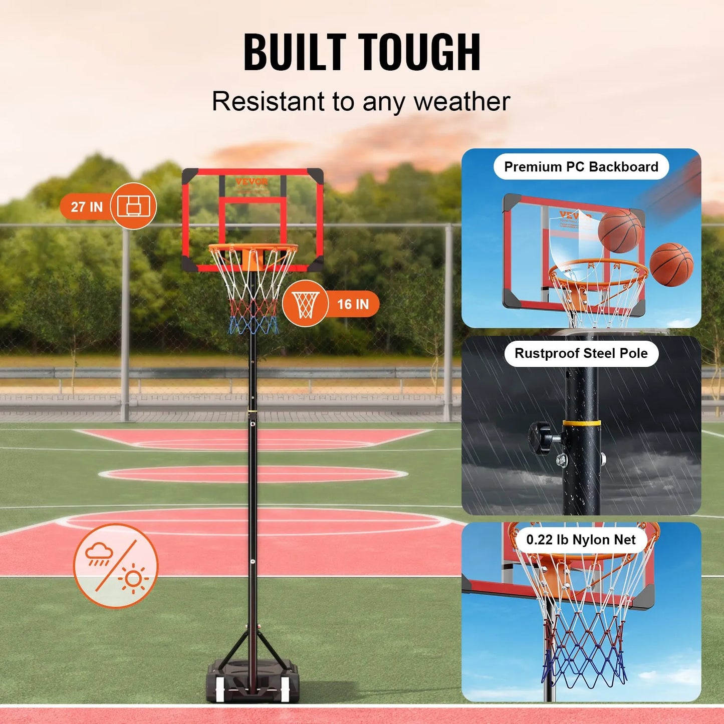 VEVOR Adjustable Basketball Hoop – 5–7 ft Portable System w/ 28" Backboard, Wheels & Fillable Base