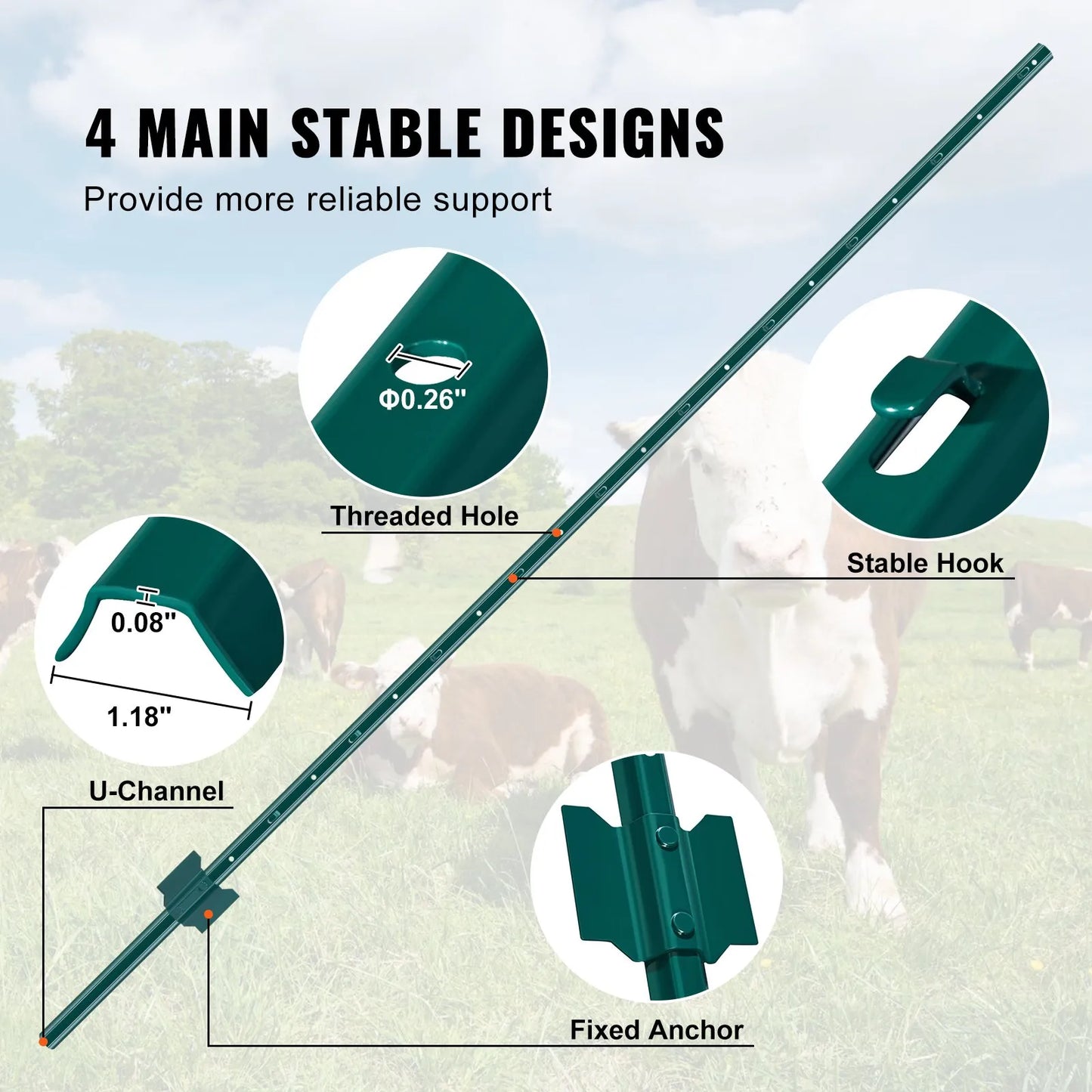 Vevor 6 Feet Fence Post 6 Pack U-Channel Heavy Duty Metal Fence Posts Green