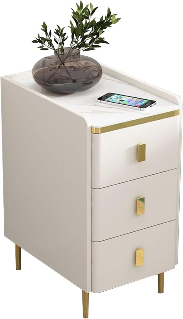 Modern White 3-Drawer Nightstand – 25cm / 9.8in Wide, Gold Legs & Handles, Faux Leather Finish - Image 5
