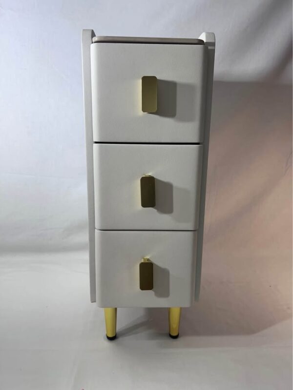 Modern White 3-Drawer Nightstand – 25cm / 9.8in Wide, Gold Legs & Handles, Faux Leather Finish - Image 6