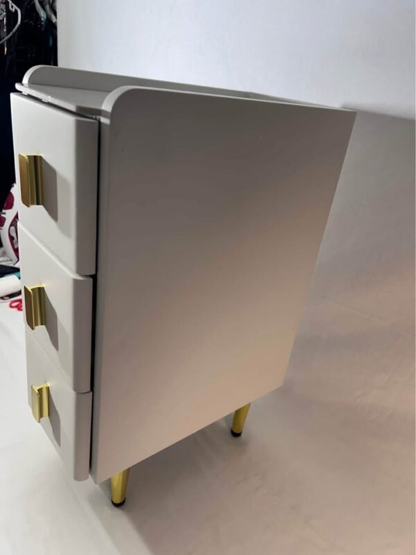 Modern White 3-Drawer Nightstand – 25cm / 9.8in Wide, Gold Legs & Handles, Faux Leather Finish - Image 7