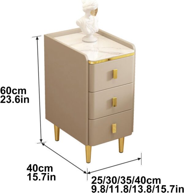 Modern White 3-Drawer Nightstand – 25cm / 9.8in Wide, Gold Legs & Handles, Faux Leather Finish - Image 2