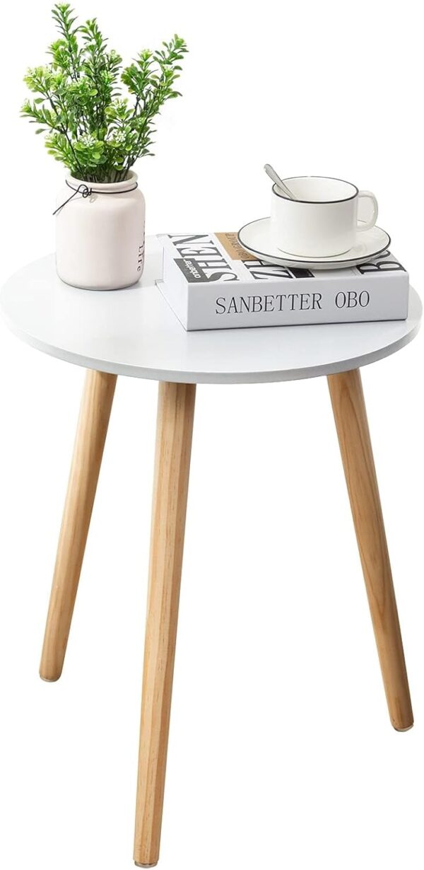 Modern Minimalist Round Side Table – White Top & Wood Legs - Image 3