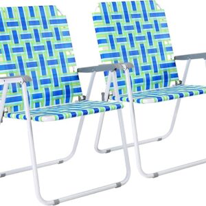Set of 2, New Classic Folding Web Lawn Chairs – Blue & Green Woven Pattern