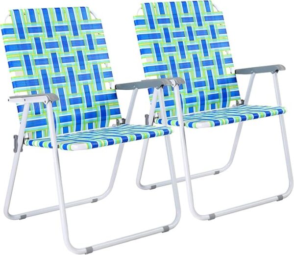 Set of 2, New Classic Folding Web Lawn Chairs – Blue & Green Woven Pattern