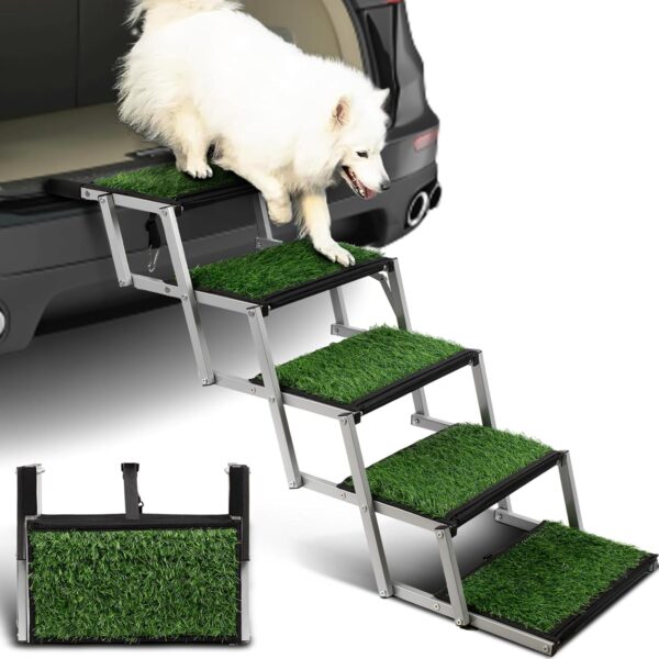 Portable Folding Dog Stairs – 5-Step Non-Slip Ramp with Grass Rug for Animals (Supports up to 200 lbs) - Image 4