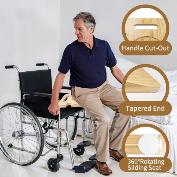 Heavy-Duty Wooden Slide Transfer Board with Track Pulley & Turntable – 500 lb Capacity, 2 Handles & Fixed Holes, 31"x11"x1" for Senior, Handicap, and Patient Transfer - Image 2
