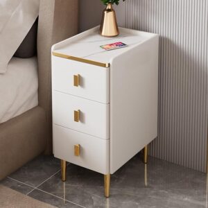 Modern White 3-Drawer Nightstand – 25cm / 9.8in Wide, Gold Legs & Handles, Faux Leather Finish