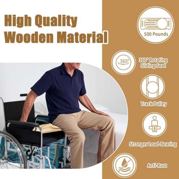 Heavy-Duty Wooden Slide Transfer Board with Track Pulley & Turntable – 500 lb Capacity, 2 Handles & Fixed Holes, 31"x11"x1" for Senior, Handicap, and Patient Transfer - Image 3