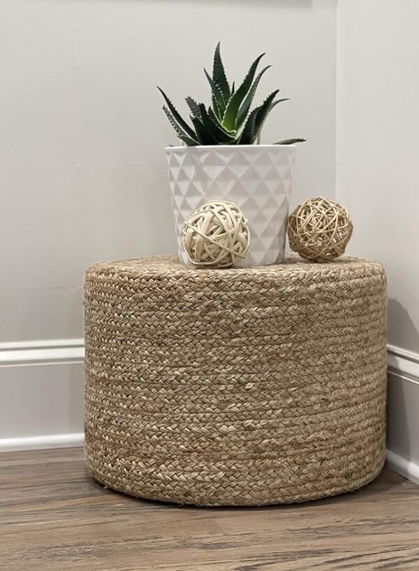 Natural Braided Jute Pouf – Woven Round Accent Stool / Side Table